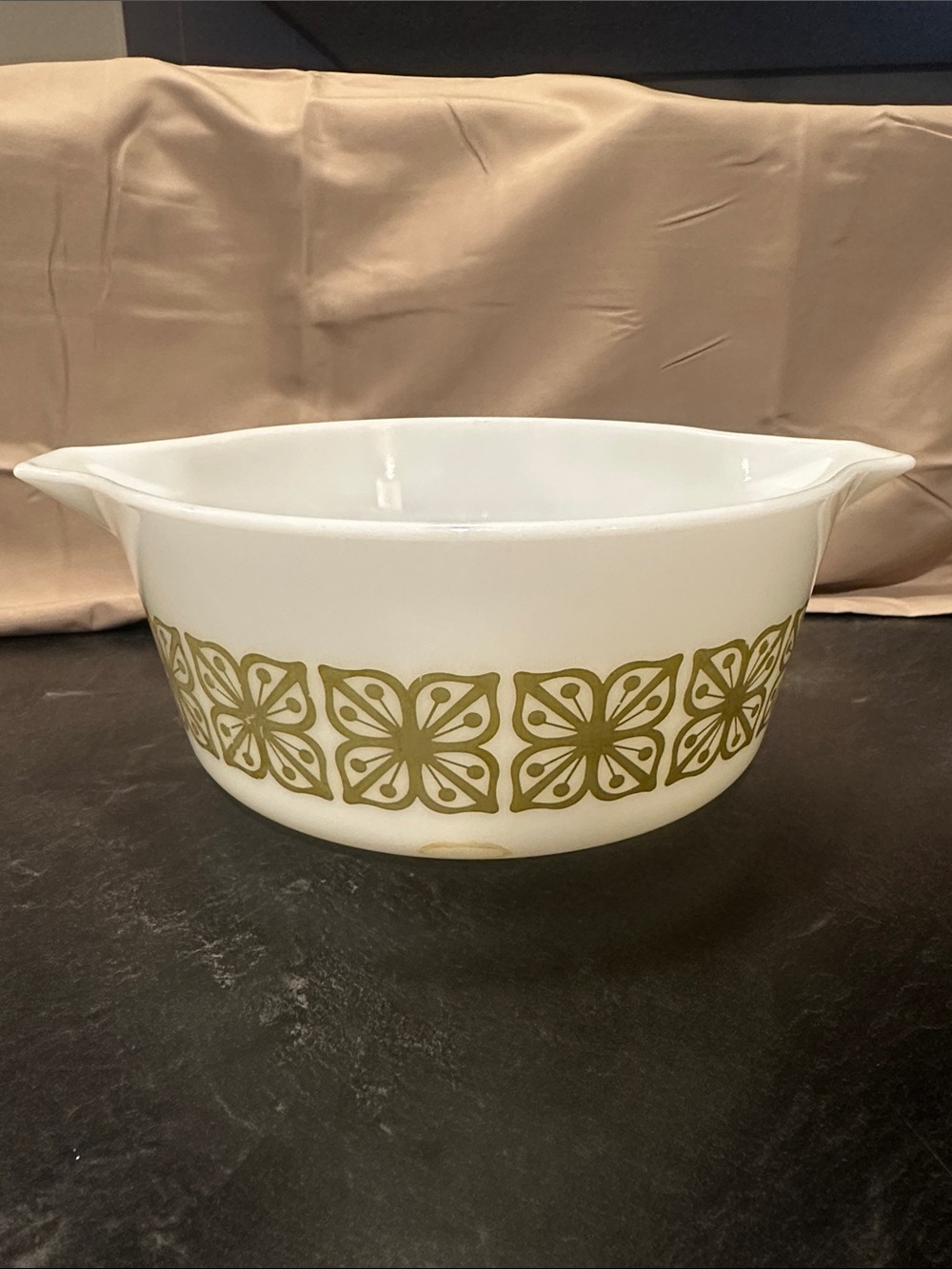 Vintage White Glass Mixing Bowl with Olive Green Floral Pattern - Home Kitchen